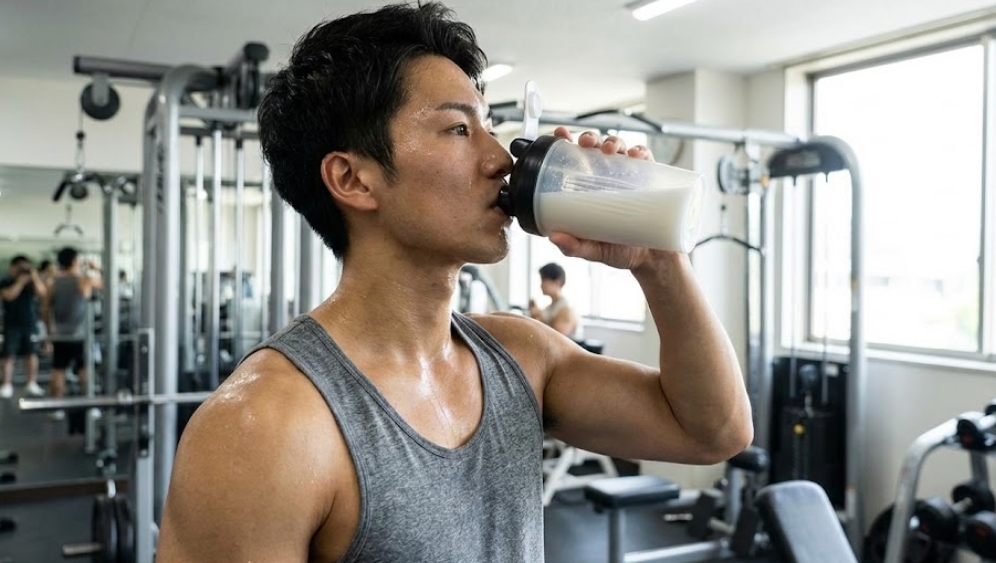 ジムでトレーニングの合間に、シェイカーに入ったクレアチンドリンクを飲む汗をかいた日本人男性の様子