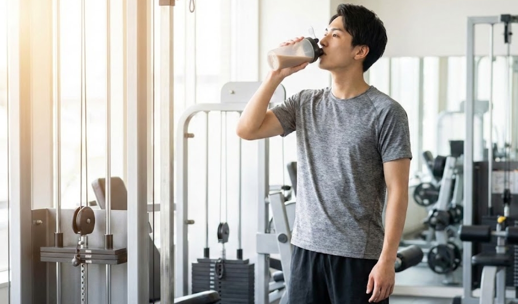 ジムでシェイカーからプロテインを飲んでいる日本人の男性