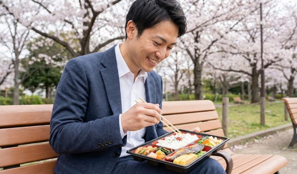 公園のベンチに座ってリラックスした様子でお弁当を食べているスーツ姿の日本人男性