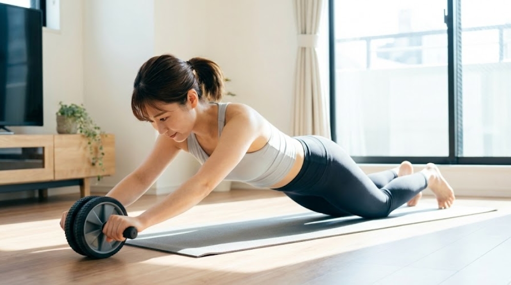 明るいリビングルームで腹筋ローラーを使ってトレーニングをする日本人女性