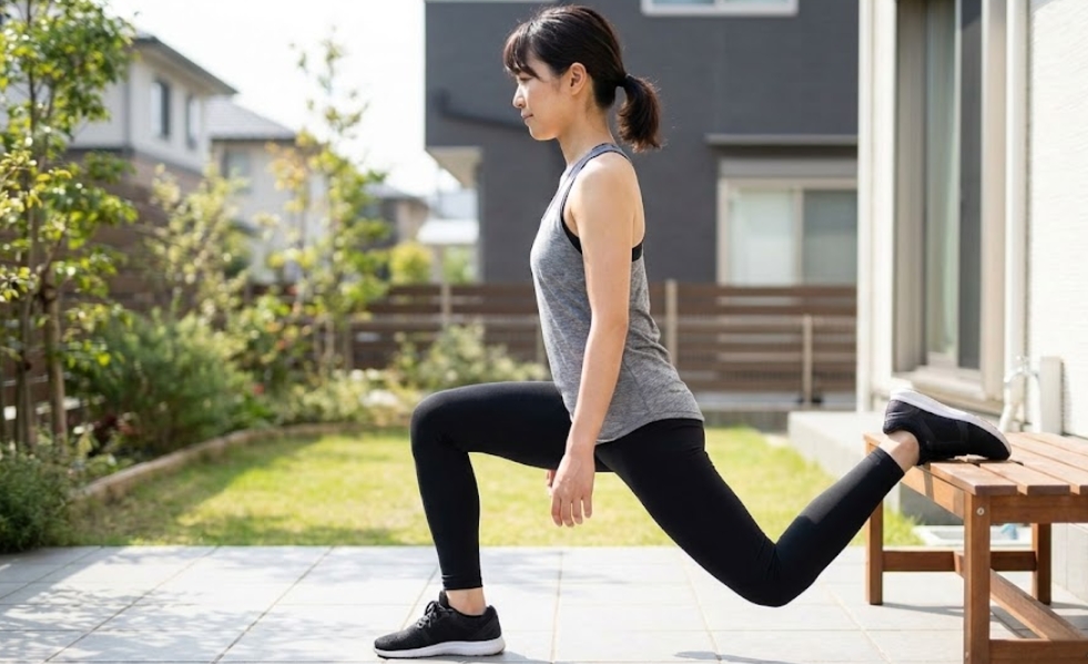 晴れた日の庭のテラスで、グレーのタンクトップと黒のレギンスを着た日本人女性が、木のベンチに足を乗せてブルガリアンスクワットを行っている様子。