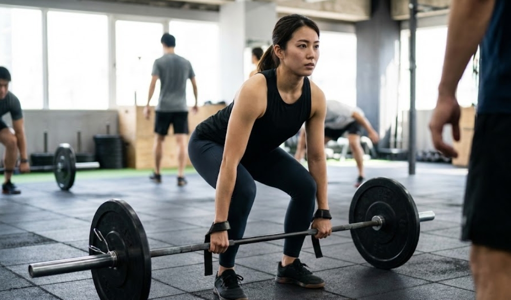 自然光が差し込むジムで、黒いタンクトップとレギンスを着用した日本人女性が、真剣な表情でバーベルを使ったデッドリフトを行っている様子。