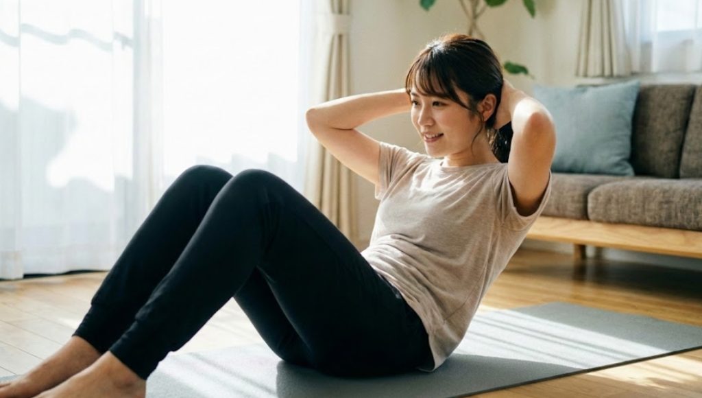 明るいリビングルームのヨガマットの上で、笑顔でクランチ（腹筋運動）をしている日本人女性の様子。リラックスした雰囲気でトレーニングを楽しんでいる。