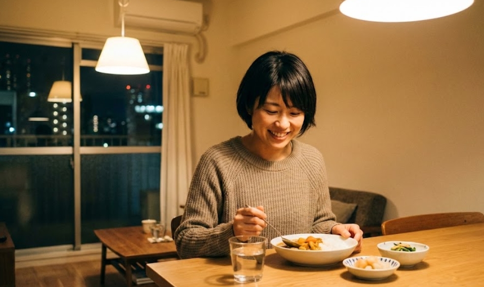 夜、自宅のダイニングテーブルで、カレーライスと副菜を前に笑顔でスプーンを持つ日本人女性。