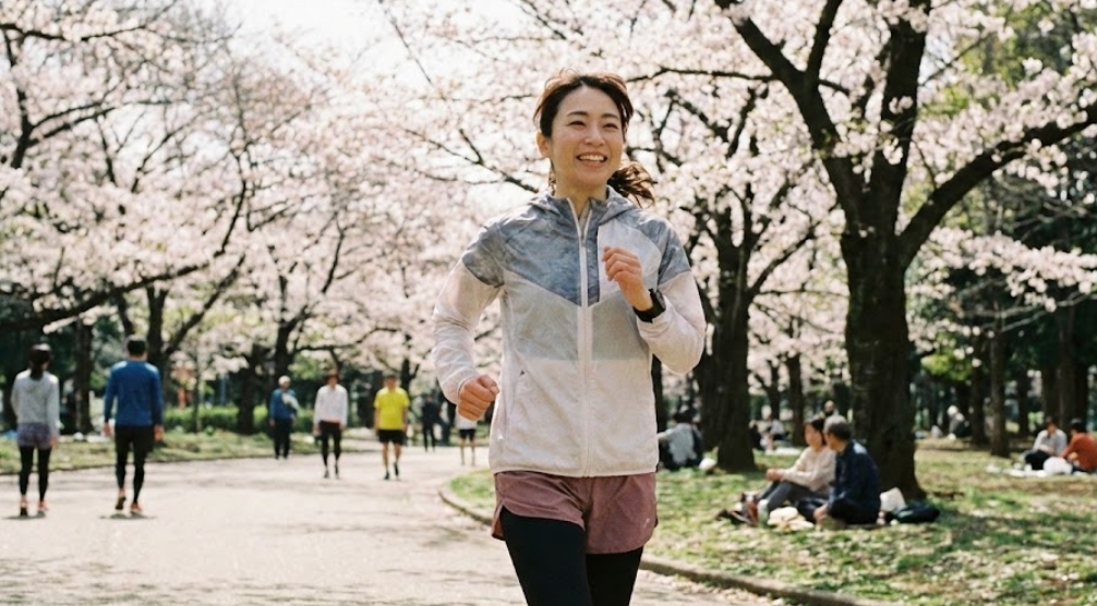 満開の桜が咲く公園で、スポーツウェアを着て笑顔でジョギングをしている日本人女性の様子。