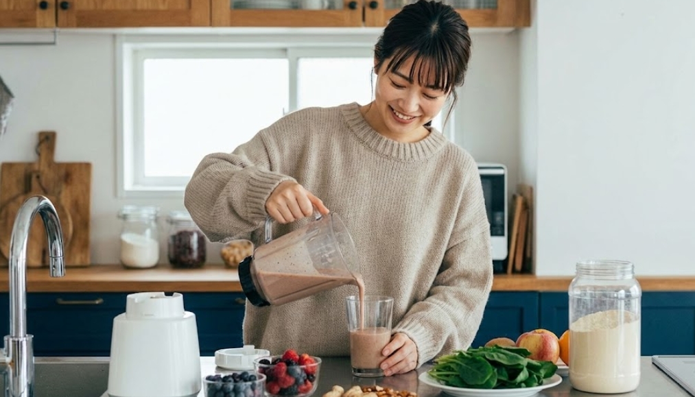 明るいキッチンで、笑顔の日本人女性がミキサーでフルーツや野菜と混ぜたプロテインスムージーをグラスに注いでいる。
