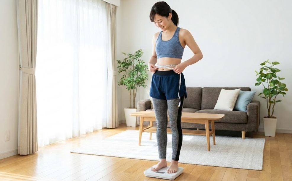 スポーツウェアを着た若い日本人女性が、明るいリビングルームで体重計に乗りながら、笑顔でメジャーを使ってウエストのサイズを測っている様子。