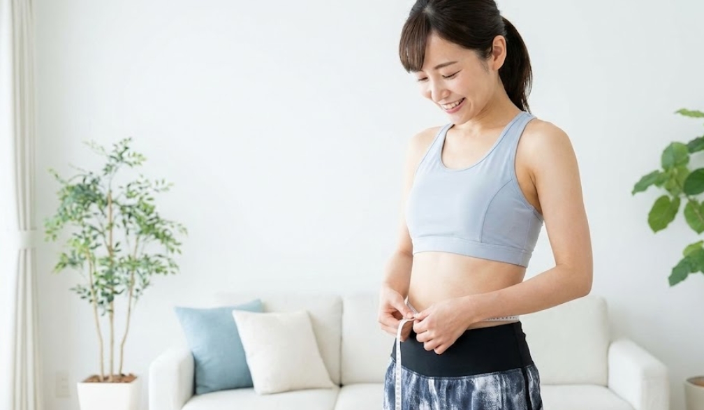 ダイエットの成果を確認するため、笑顔でウエストをメジャーで測っている健康的な日本人の女性。
