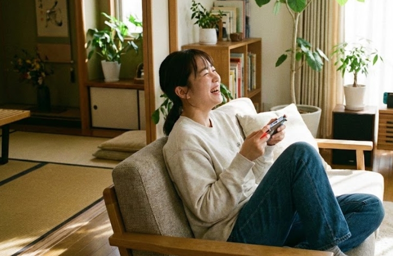 自然光が差し込む和モダンなリビングルームのソファに座り、笑顔でNintendo Switchのコントローラーを持って『ゼルダの伝説』をプレイしている日本人女性。