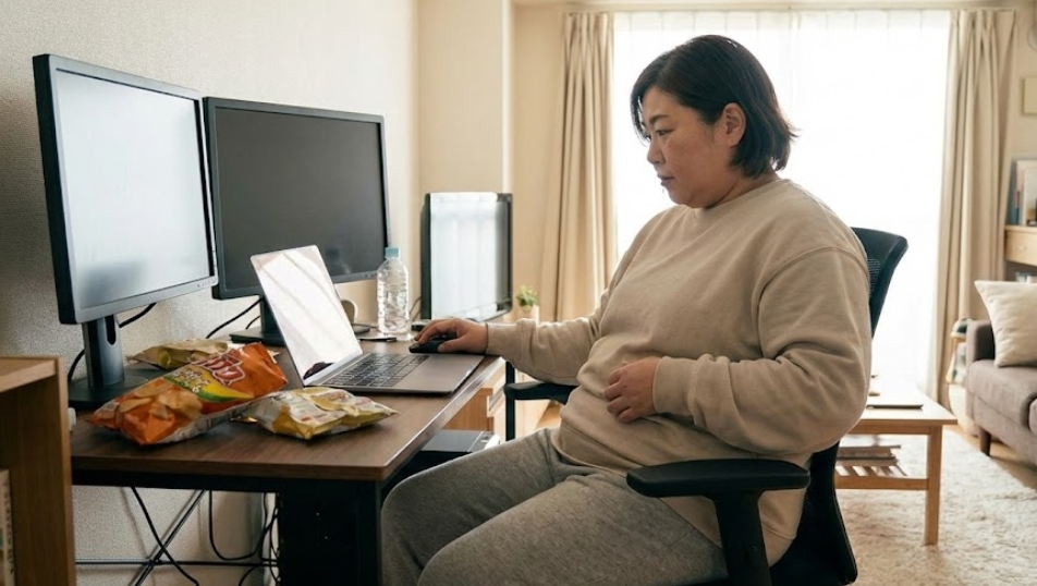 自宅のデスクでノートパソコンに向かい、スウェット姿でお腹周りを気にしている、ふくよかな日本人女性。デスクにはスナック菓子が置かれている。