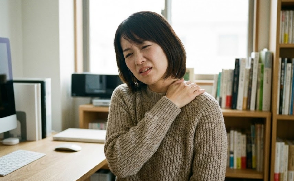 自宅の書斎でパソコンに向かう途中、辛そうな表情で左肩の肩甲骨付近を手で押さえている日本人女性。長時間のデスクワークによる肩こりの様子。