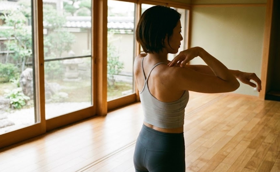 和室でスポーツウェアを着た日本人女性が、左腕を右側に伸ばし、肩甲骨周辺をストレッチしている後ろ姿。