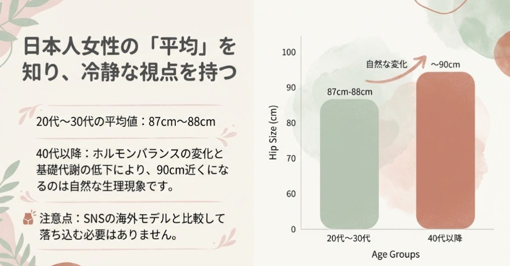 20代30代の平均は87cmから88cm、40代以降は90cm近くになる年齢別グラフ