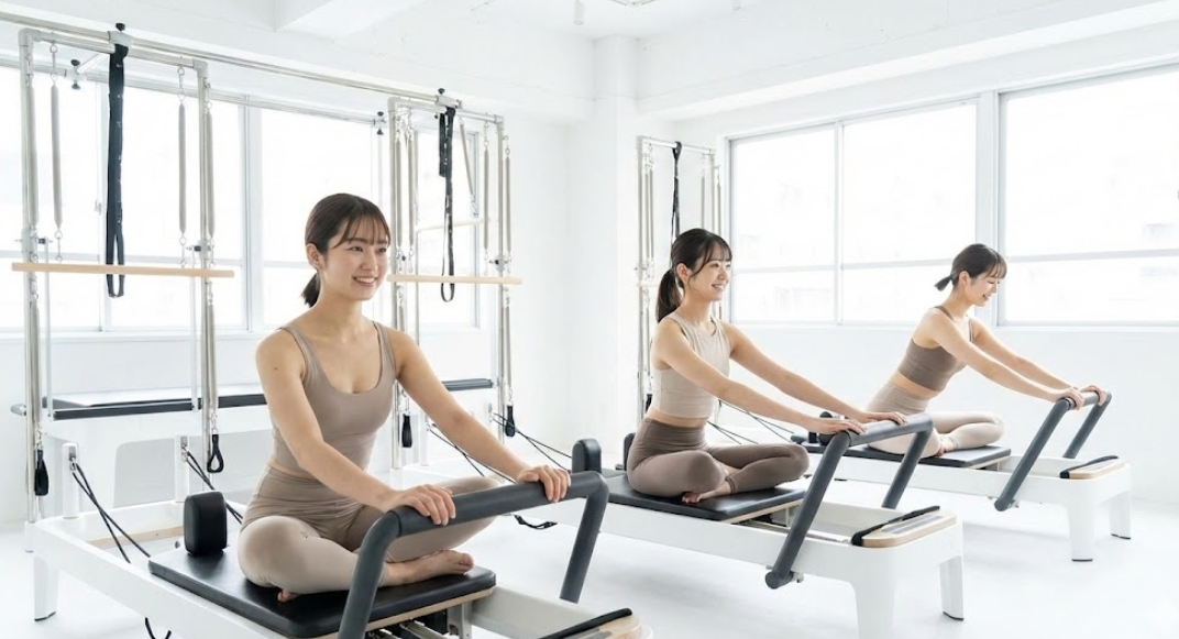 白い壁と大きな窓から自然光が差し込む明るいピラティススタジオで、3人の若い日本人女性がリフォーマー（ピラティスマシン）を使ってエクササイズをしている様子。彼女たちはベージュのトレーニングウェアを着用し、笑顔でポーズをとっている