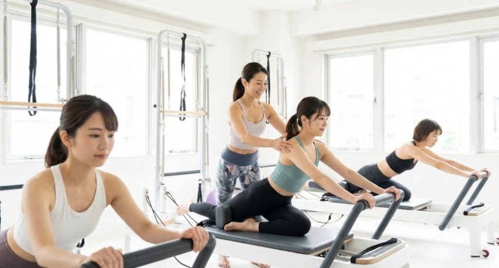 白で統一された明るいピラティススタジオで、3人の若い日本人女性がリフォーマー（ピラティスマシン）を使ってエクササイズをしている写真。中央では、笑顔の女性インストラクターが生徒の肩に手を添えてポーズを補助している。他の2人の生徒もそれぞれのマシンで真剣に、かつ楽しそうに体を動かしている。大きな窓から自然光が差し込み、清潔で開放的な雰囲気が感じられる。