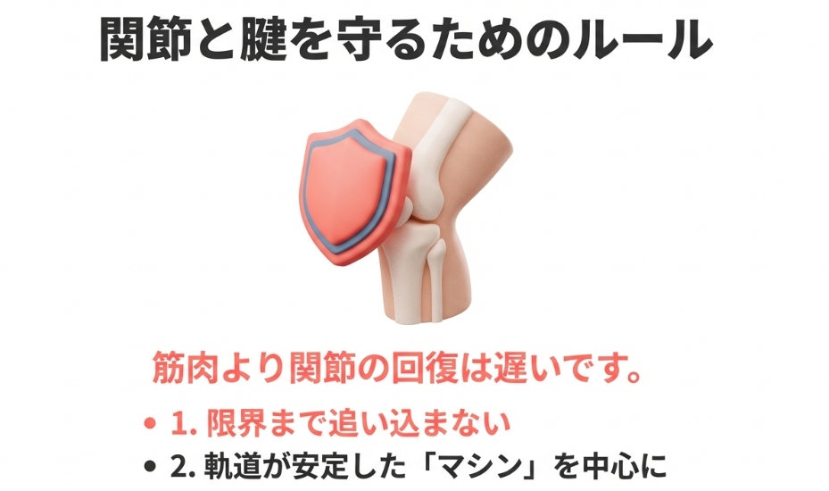 関節と腱を守るために限界まで追い込まずマシントレーニングを中心に行う