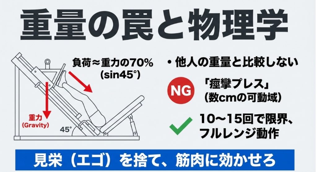 45度レッグプレスの負荷率（sin45度）と物理的解説