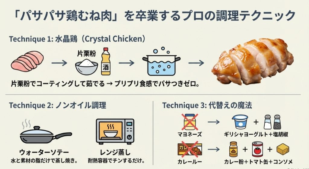 パサつく鶏むね肉を美味しく食べる水晶鶏の作り方とノンオイル調理のポイント