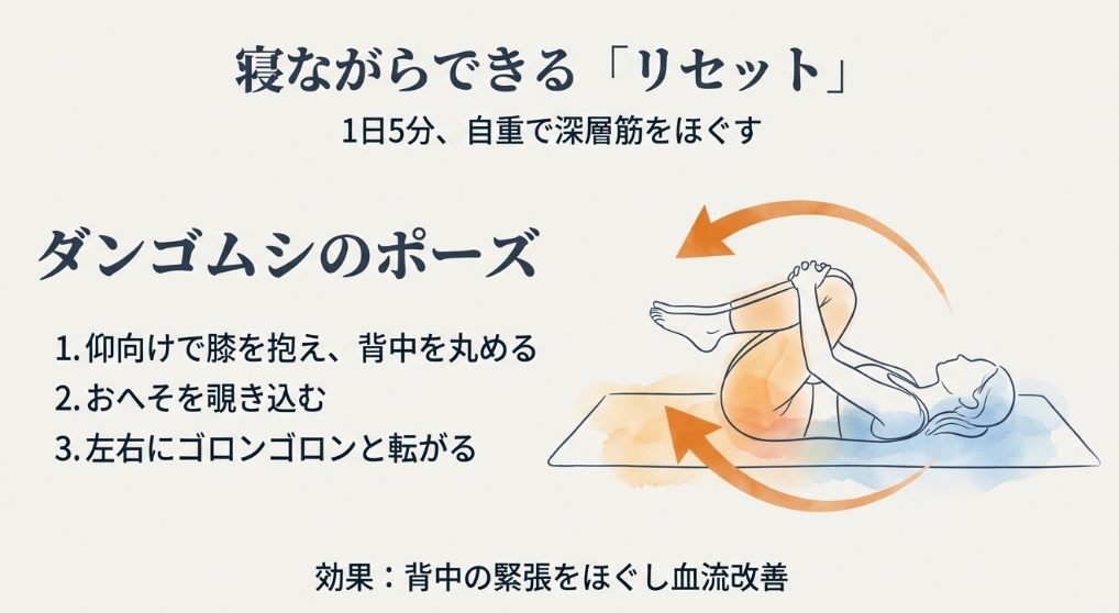 自重を使って背中の筋膜をリリースする「ダンゴムシのポーズ」のやり方解説図