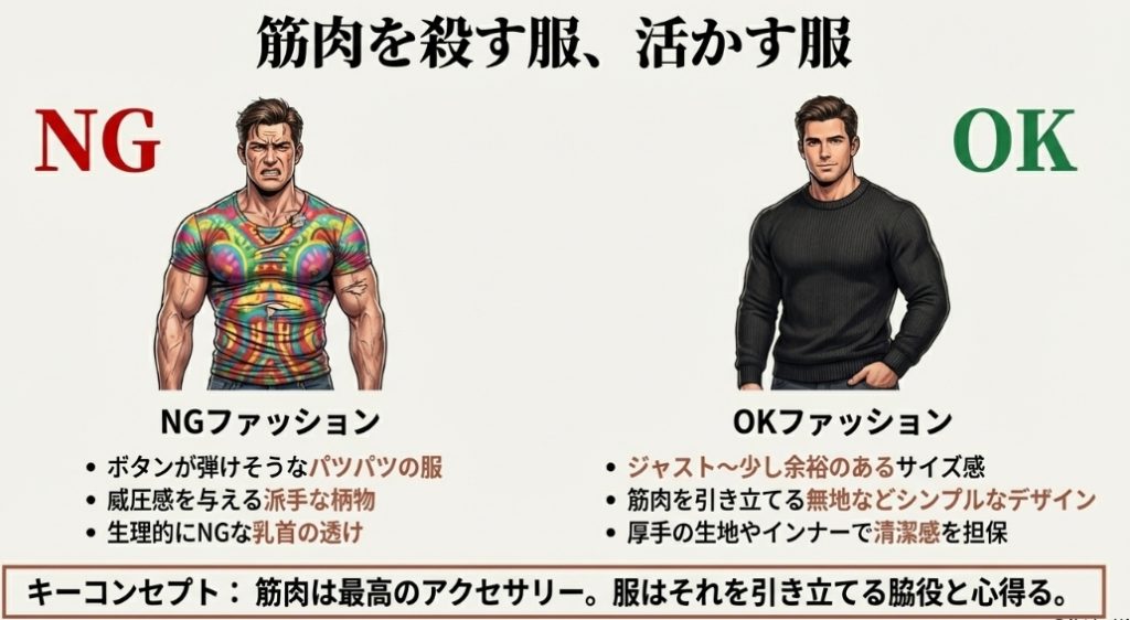 筋肉を殺すピチピチなNG服（柄物・乳首透け）と、筋肉を活かすシンプルなOK服の比較イラスト
