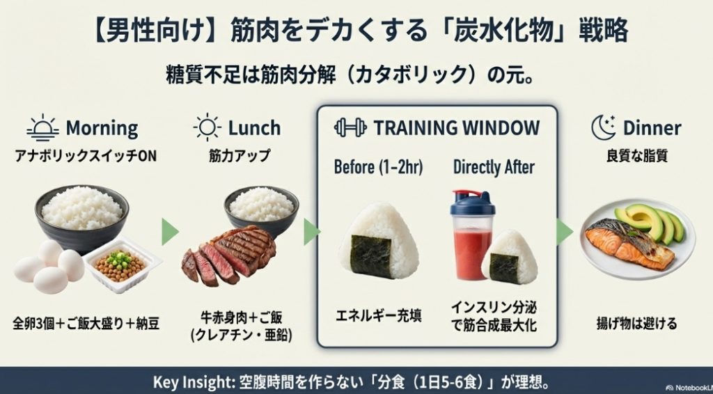筋肉を大きくするためのトレーニング前後の炭水化物摂取タイミングと具体的な食事例