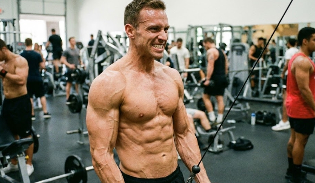 ジムでケーブルトレーニングを行い、歯を食いしばって力を入れている、体脂肪が少なく筋肉が浮き出た減量期の男性。