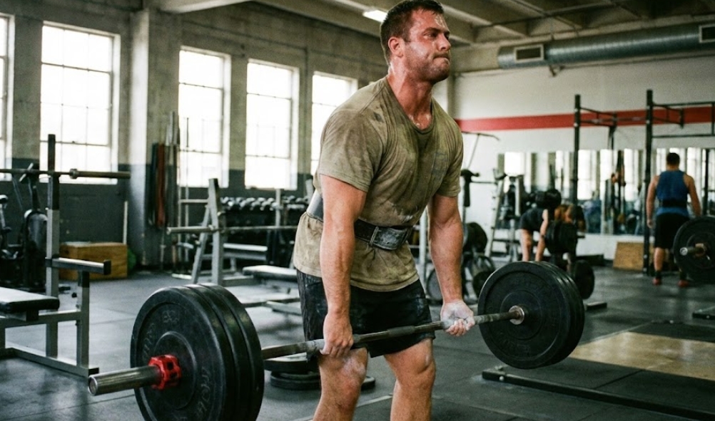 ジムで汗だくになりながら、真剣な表情で重いバーベルを持ち上げている男性。Tシャツとトレーニングベルトを着用し、手には滑り止めのチョークがついている。