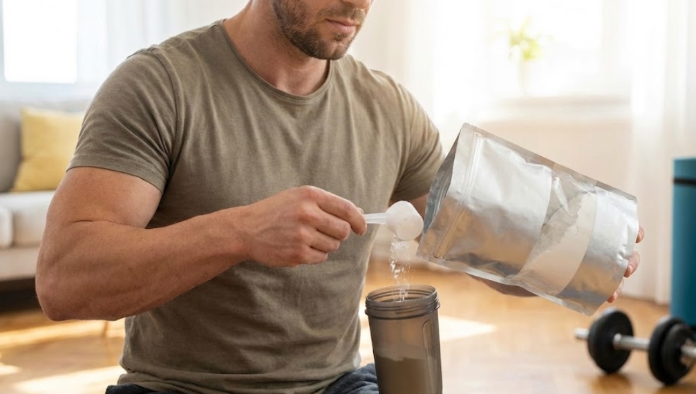 自宅のリビングで、ダンベルやヨガマットのそばに座り、銀色の袋からスクープを使って白いクレアチン粉末をシェイカーに入れている筋肉質の男性
