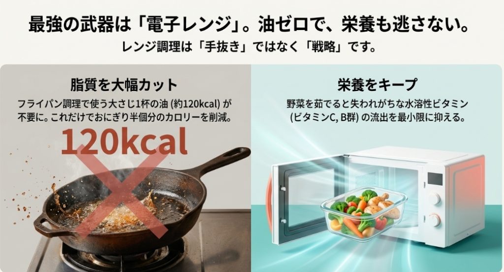 電子レンジ調理で油をカットしカロリーダウン / フライパン調理と電子レンジ調理のカロリー比較図