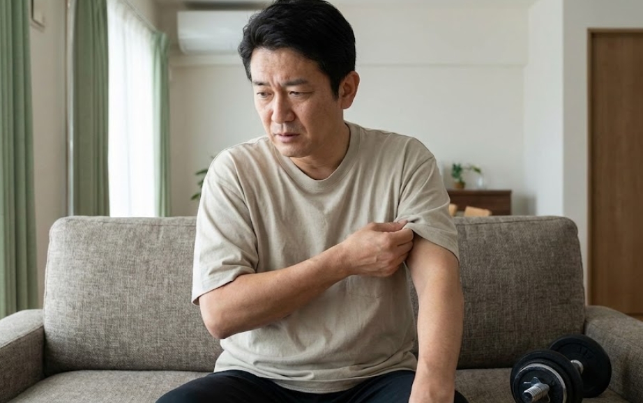 ソファに座り、Tシャツの袖をまくって腕の筋肉の落ち具合を心配そうに確認している中年日本人男性。隣にはダンベルが置かれている。