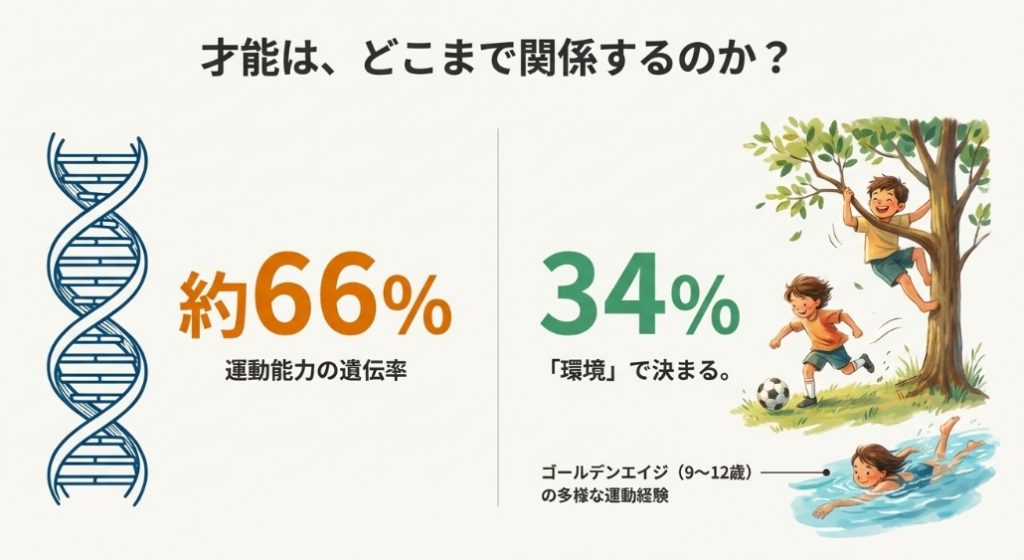 運動能力の遺伝率が約66%、環境要因が34%であることを示すDNAのイラスト