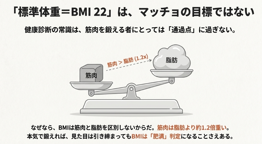 筋肉は脂肪よりも1.2倍重いことを示す天秤のイラストとBMIの限界についての解説