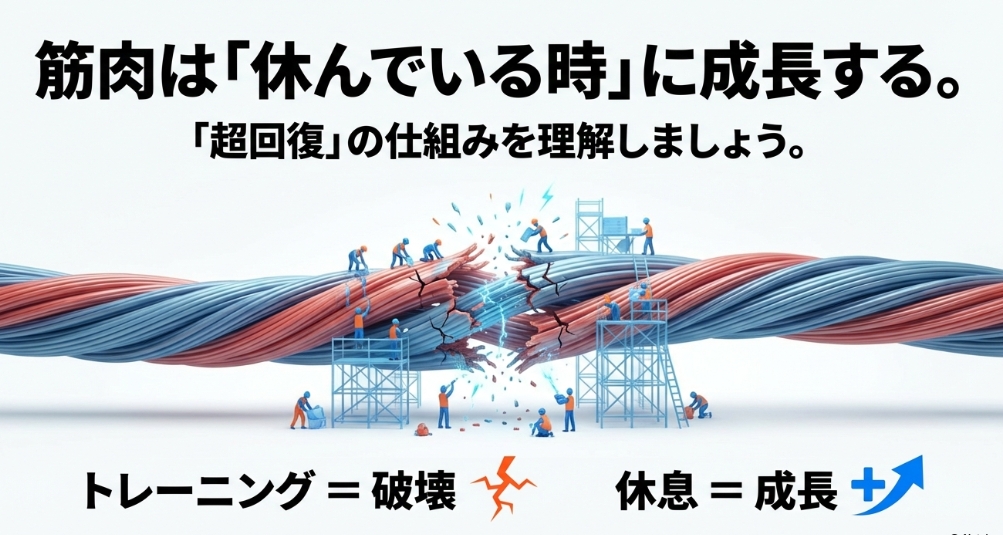 トレーニングによる破壊と、休息による修復・成長のサイクルを示す超回復の概念図