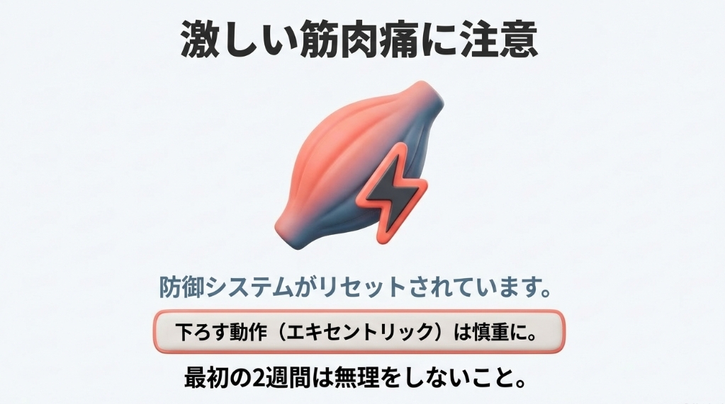激しい筋肉痛に注意。防御システムのリセットとエキセントリック動作の注意点
