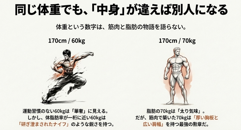 170cm70kgにおける脂肪型体型と筋肉型体型の見た目の違いを比較したイラスト