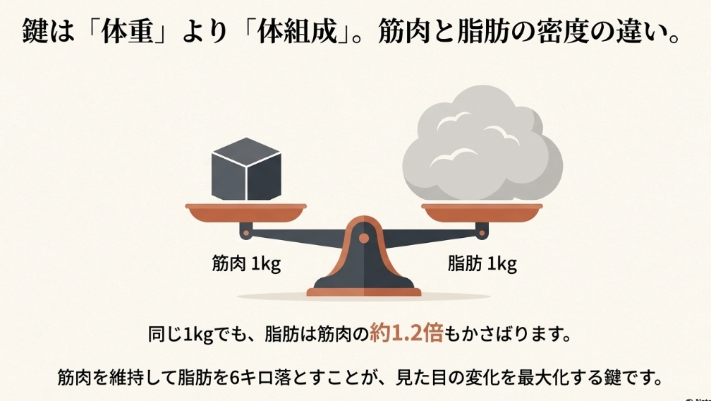 筋肉1kgと脂肪1kgの体積の違いを天秤で比較したイラスト。脂肪の方がかさばることを示す。