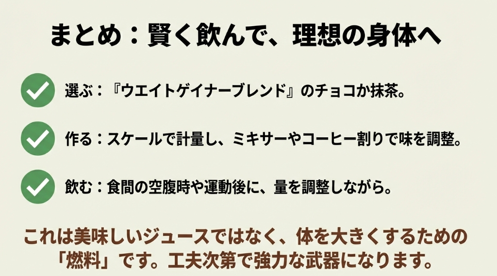 ウエイトゲイナーの選び方、作り方、飲み方の要点をまとめたチェックリスト