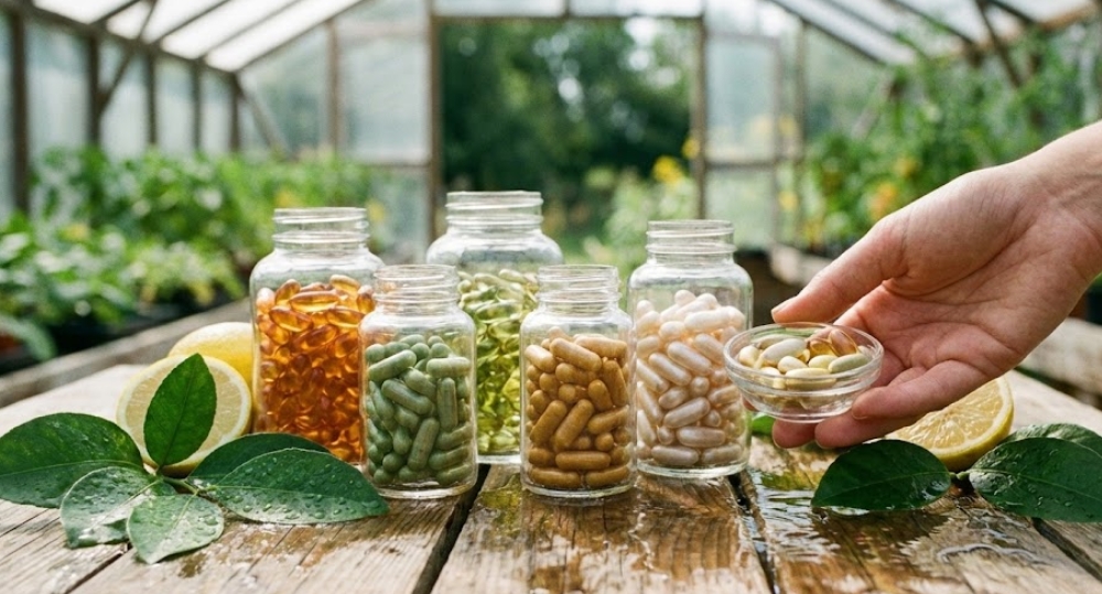 温室のような自然な環境で、古材のテーブルに置かれた5つのガラス瓶に入った色とりどりのサプリメントカプセル（琥珀色、緑、茶色、白）。手前にはレモンの半切りと水滴がついた葉があり、手でカプセルが入った小さなガラスボウルを持っている様子。