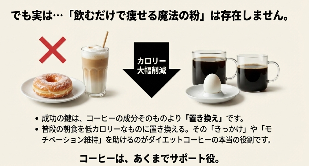 飲むだけで痩せる魔法の粉はないという図解と置き換えダイエットの重要性