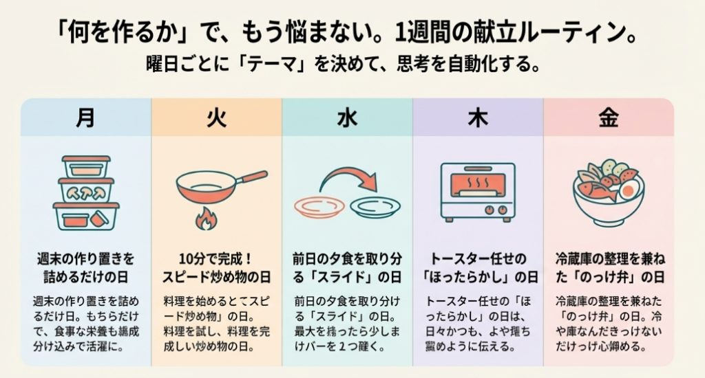 迷わない1週間のダイエット弁当献立ルーティン表 / 月曜から金曜までの献立テーマ一覧