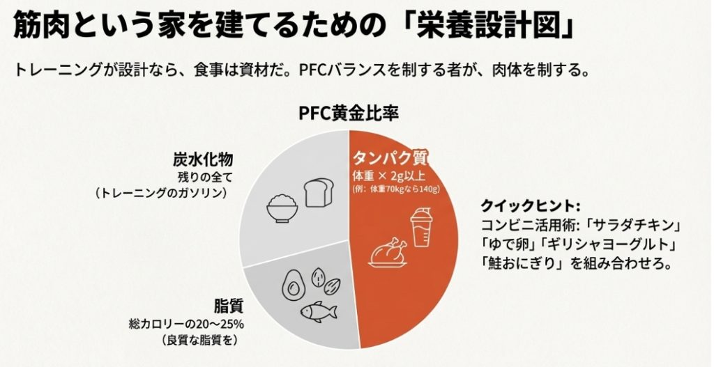 筋肉を増やすための食事管理とタンパク質・脂質・炭水化物の摂取目安バランス