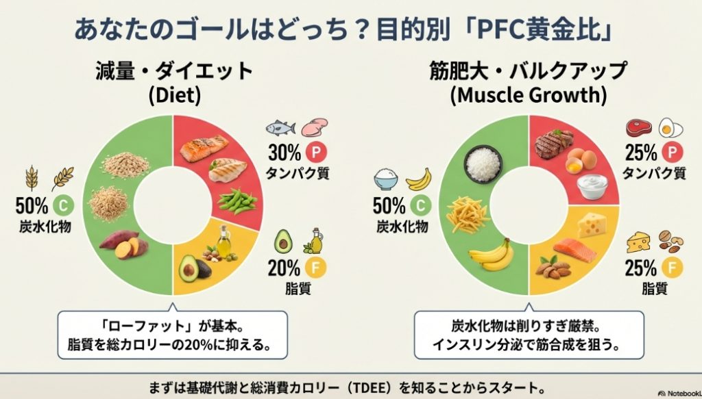 ダイエット（減量）とバルクアップ（筋肥大）それぞれの目的に合わせたPFCバランスの理想的な比率