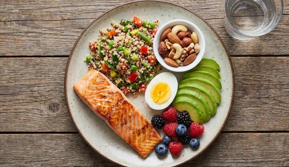 木のテーブルに置かれた、焼きサーモン、キヌアサラダ、アボカド、ゆで卵、ナッツ、ベリー類が盛られた、PFCバランスのとれた食事のワンプレート俯瞰写真。