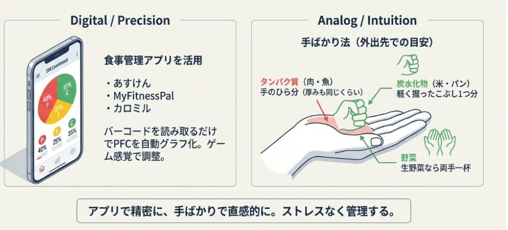 食事管理アプリの活用イメージと外出先で役立つ手ばかり法のイラスト解説