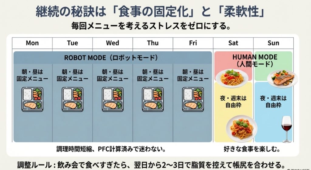 平日は固定メニュー、週末は自由枠とする1週間のPFCバランス食事スケジュールの例