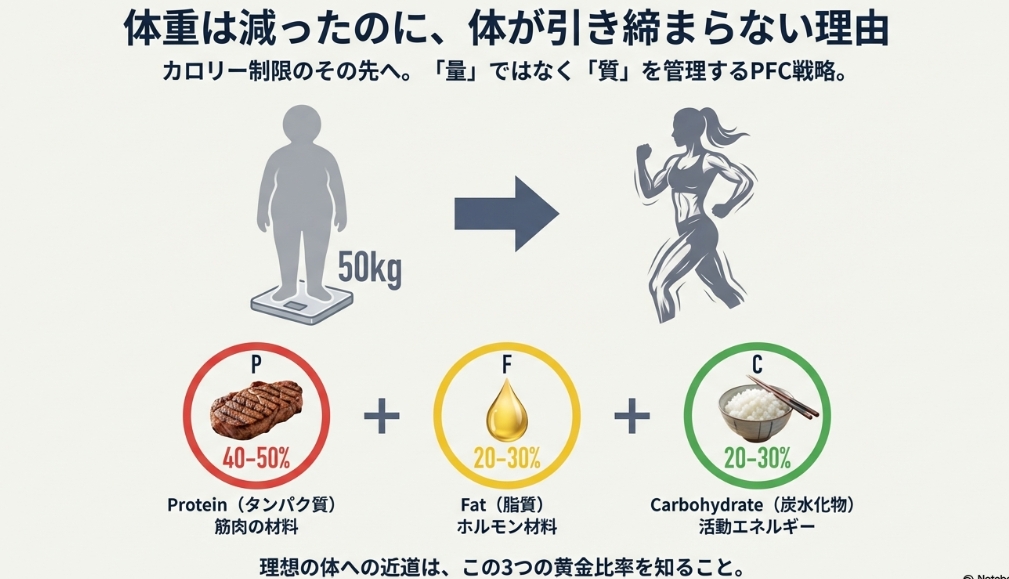 体重だけでなく身体の質を管理するPFC戦略の重要性を示すイメージ図