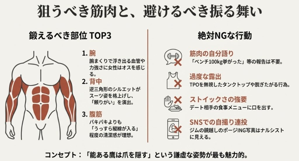 女性に人気の筋肉部位（腕・背中・腹筋）と、嫌われるNG行動（自分語り・過度な露出・強要など）の図解