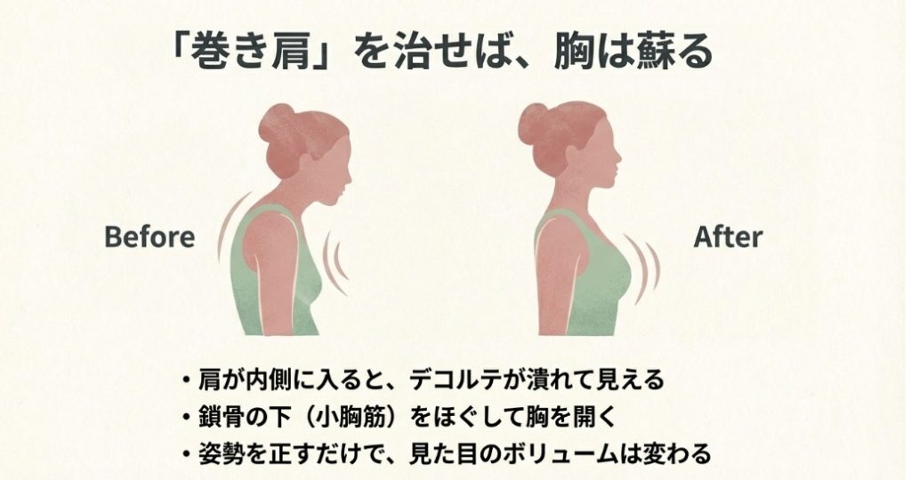 小胸筋をほぐして巻き肩を改善し、デコルテを開くことでバスト位置が上がるビフォーアフターのイラスト