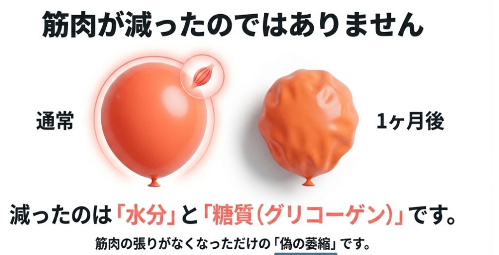 筋肉が減ったのではなく水分とグリコーゲンが抜けた状態を表す風船の図