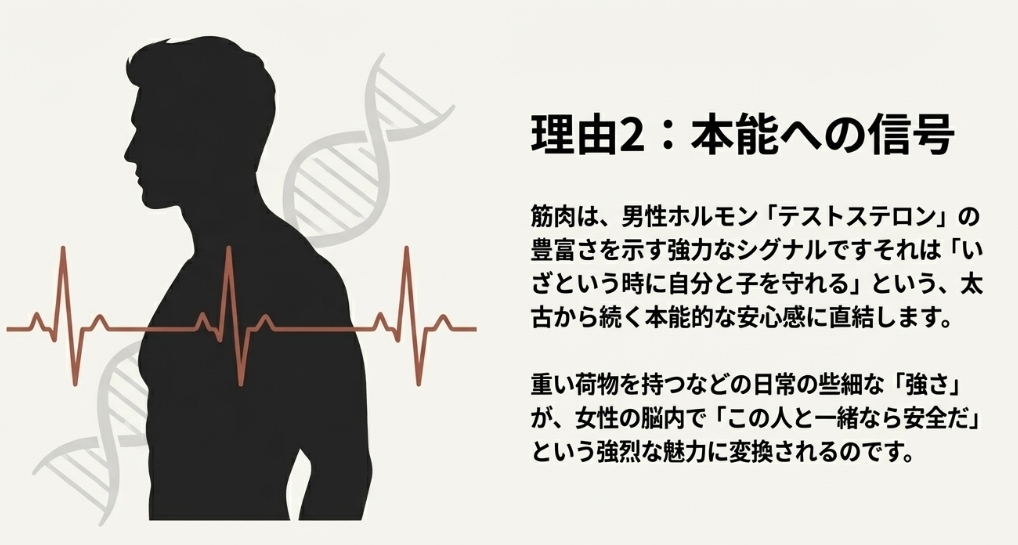 筋肉が発するテストステロンのシグナルと、女性が感じる「守ってくれそう」という本能的な安心感